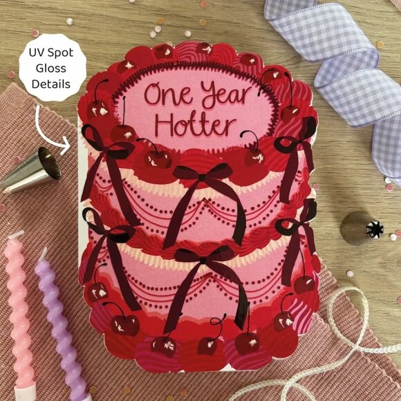 ($6) Birthday Cake Shaped Birthday Cards - One Year Hotter - Picture 1 of 2